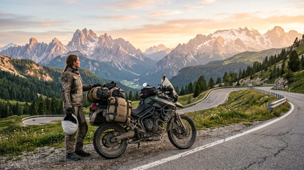 Moto adventure leggera con bagagli morbidi su strada panoramica europea