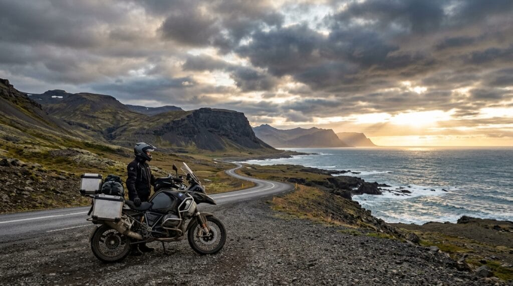 Moto adventure su strada panoramica in Islanda per l’eclissi solare 2026