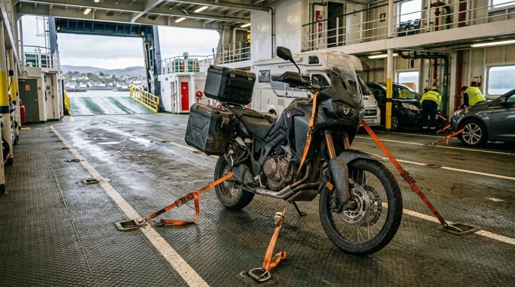 Moto fissata in sicurezza nel garage di un traghetto durante un viaggio in Europa