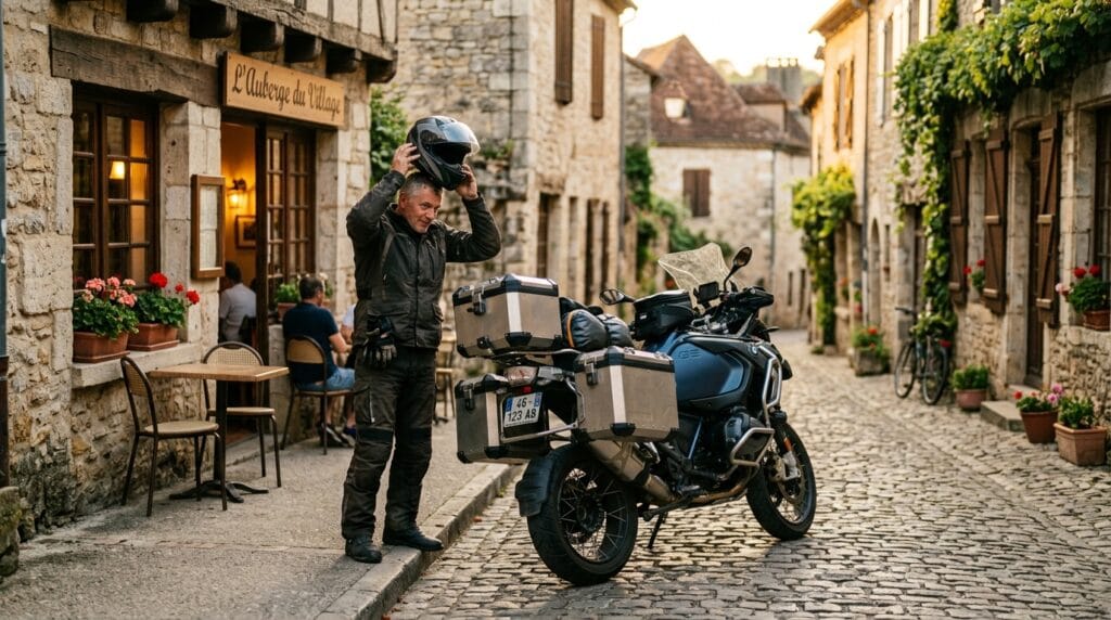 Motociclista in un borgo tranquillo durante uno slow travel in moto nel 2026