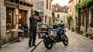 Motociclista in un borgo tranquillo durante uno slow travel in moto nel 2026