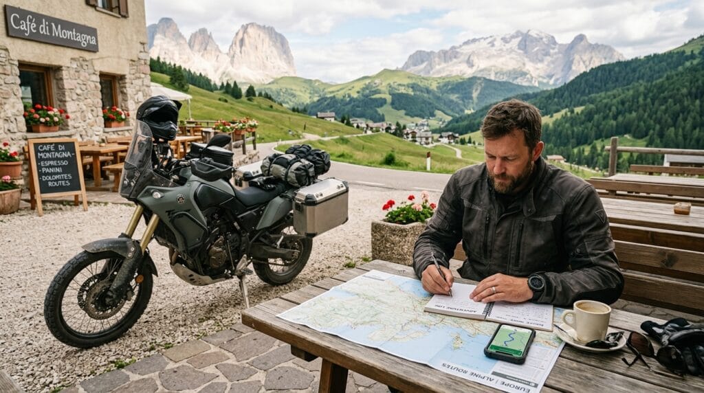 Motociclista pianifica un itinerario europeo con una moto adventure leggera