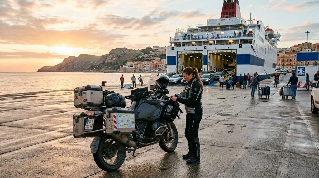 Motociclista pronto a imbarcare la moto su un traghetto in Europa nel 2026