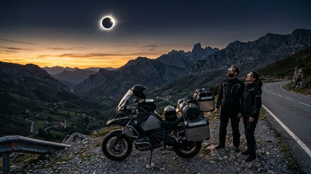 Motociclisti osservano l’eclissi solare 2026 durante un viaggio in moto in Spagna