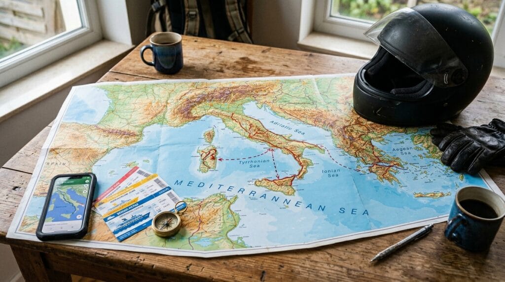 Pianificazione di un viaggio in moto con traghetti, mappa e documenti di viaggio