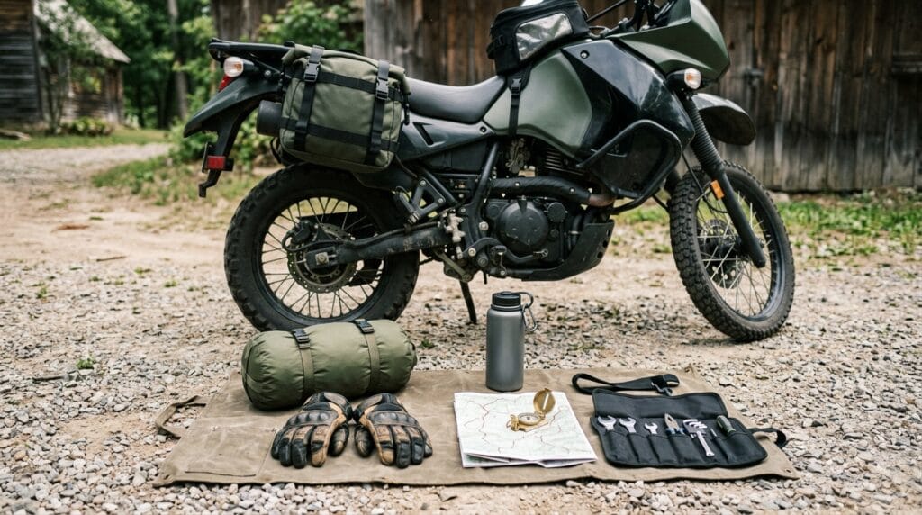 Setup leggero per viaggio in moto con borse morbide e kit essenziale