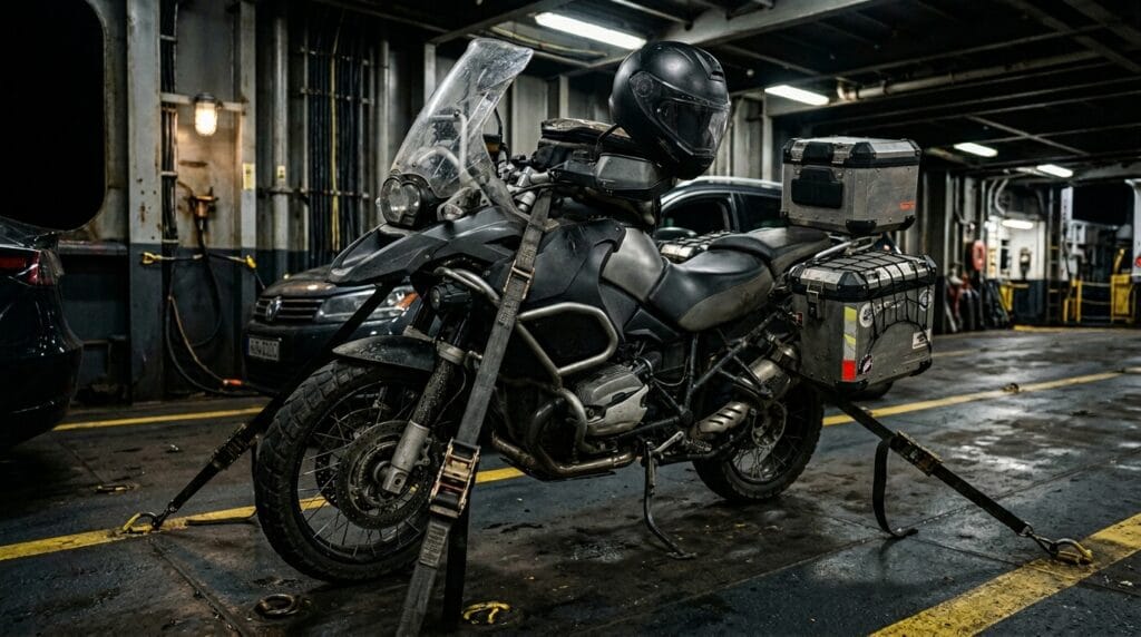 moto fissata correttamente sul traghetto durante il viaggio