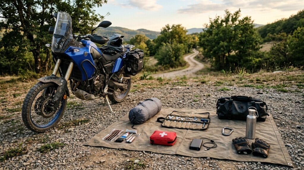 Campeggio in moto checklist con tenda, attrezzi, power bank, kit foratura e borse leggere
