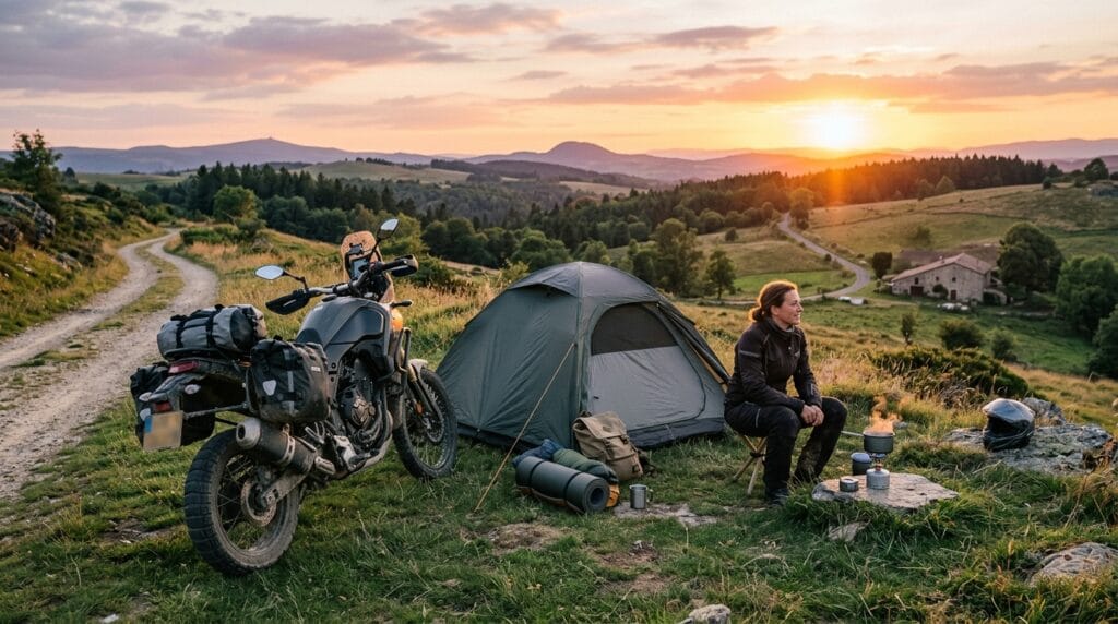 Campeggio in moto con tenda compatta, bagaglio leggero e moto adventure al tramonto