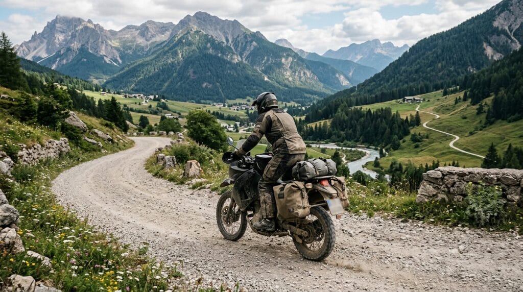 Trans Euro Trail in moto su strada gravel in Europa con bagaglio adventure leggero