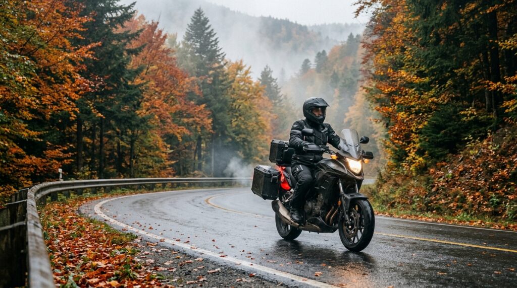 Motociclista su strada autunnale bagnata con nebbia e foglie vicino alla carreggiata
