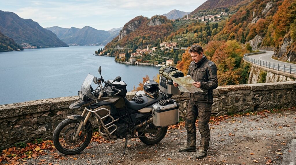 Pianificazione di un itinerario in moto in autunno con soste e percorsi alternativi